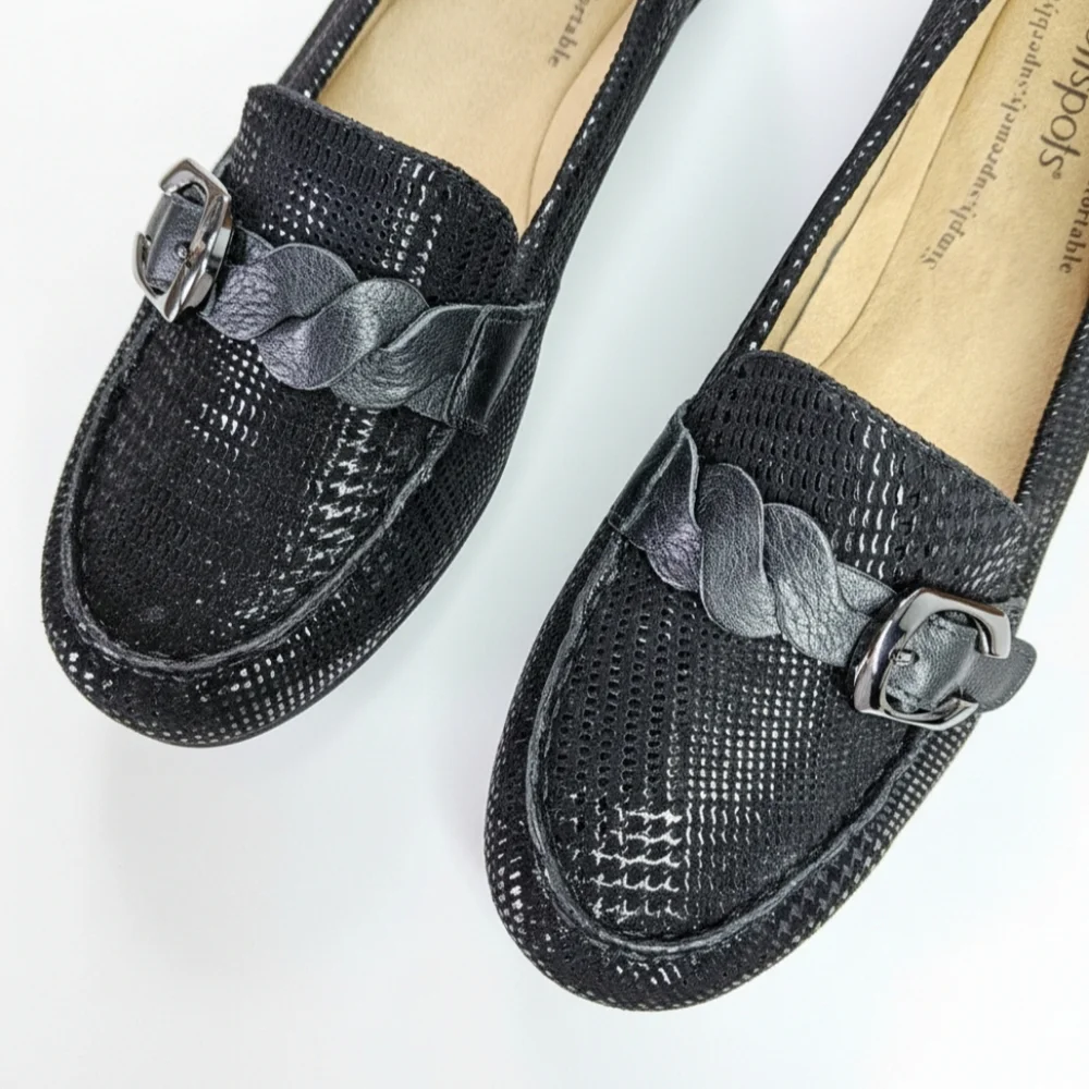 Softspots Size 10 Flats Loafers Black Metallic Houndstooth Leather Cushioned